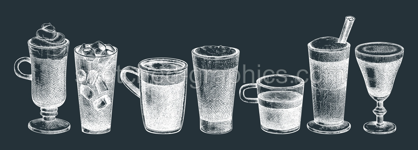 Morning coffee cups collection. Hand-sketched illustrations. Vector sketches of  mugs with aromatic caffeine drinks. Popular coffee hand-drawings in vintage style. Vector beverages on chalkboard Illustration